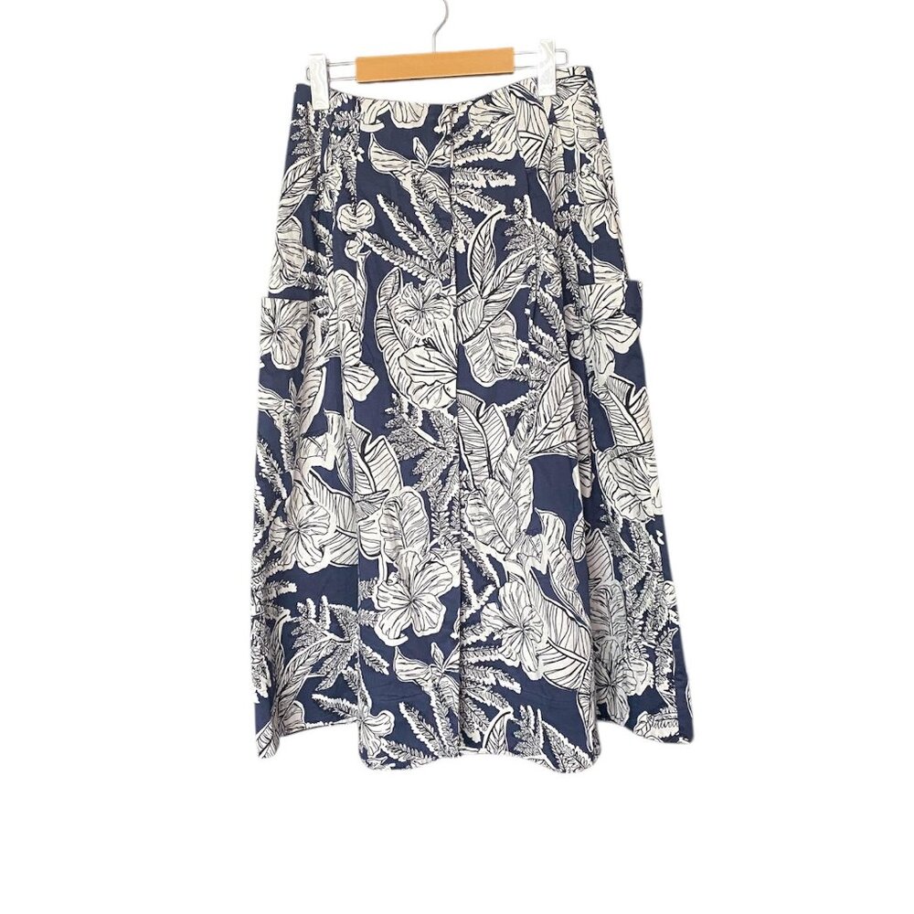Zara Navy and White Floral Midi Skirt Pockets Cotton Size M